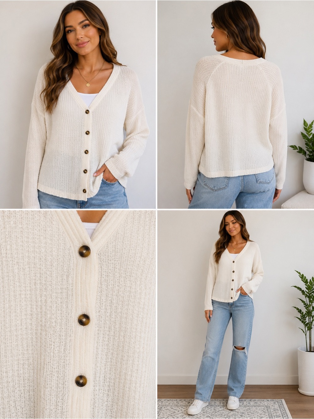 Ultra Flirt Cream V-Neck Button Front Knit Cardigan